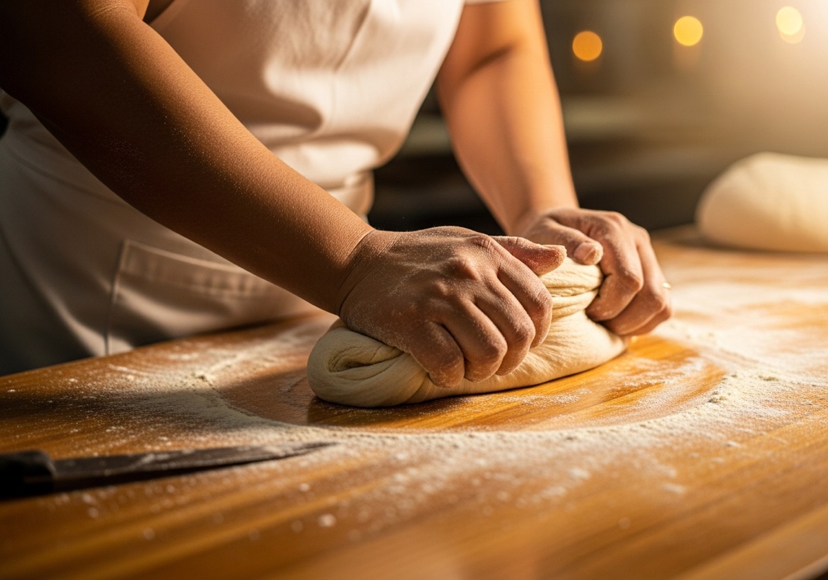 Baker's hands shaping fresh pandesal dough on a floured surface