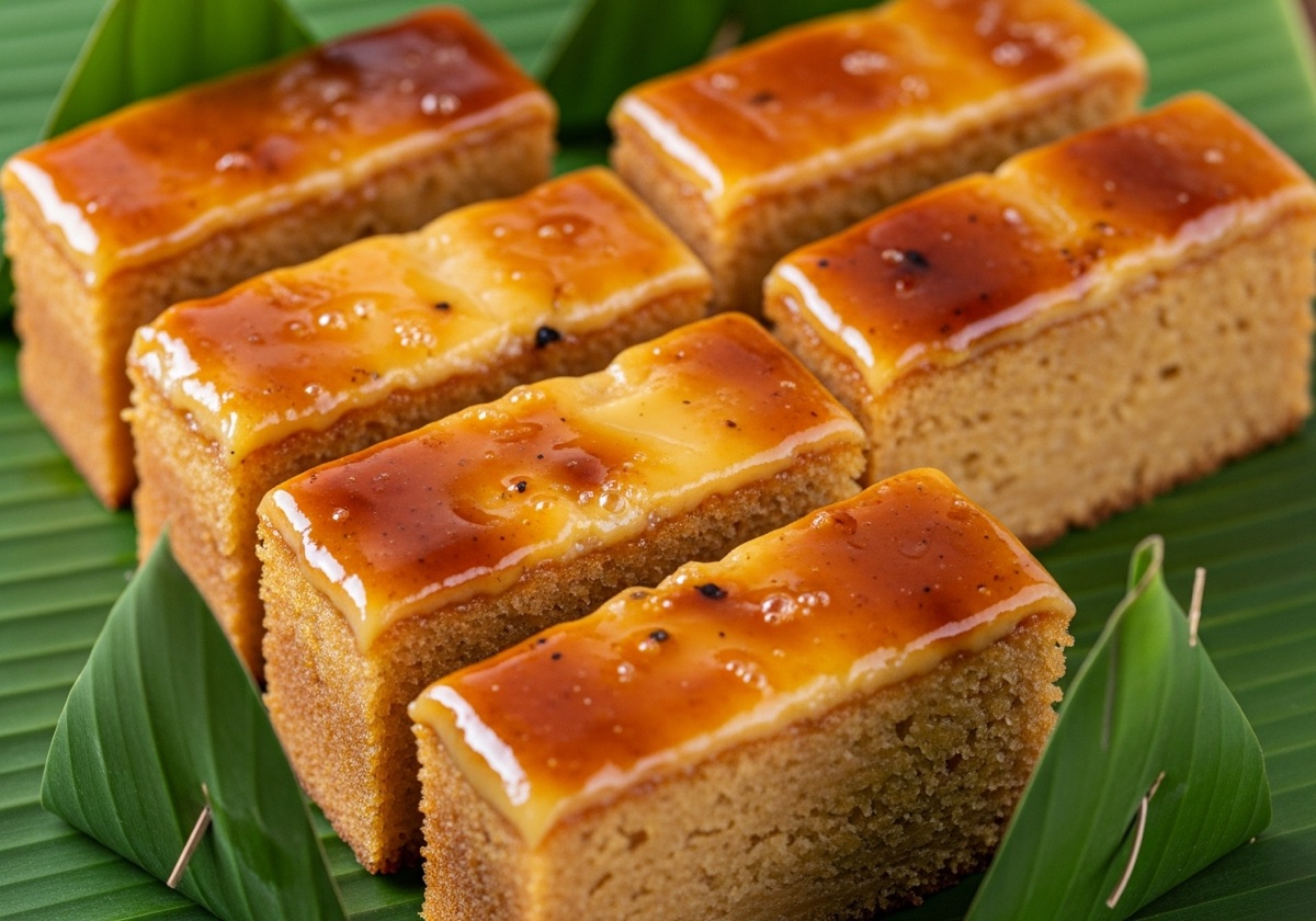 Cassava cake with creamy custard topping, sliced on a plate