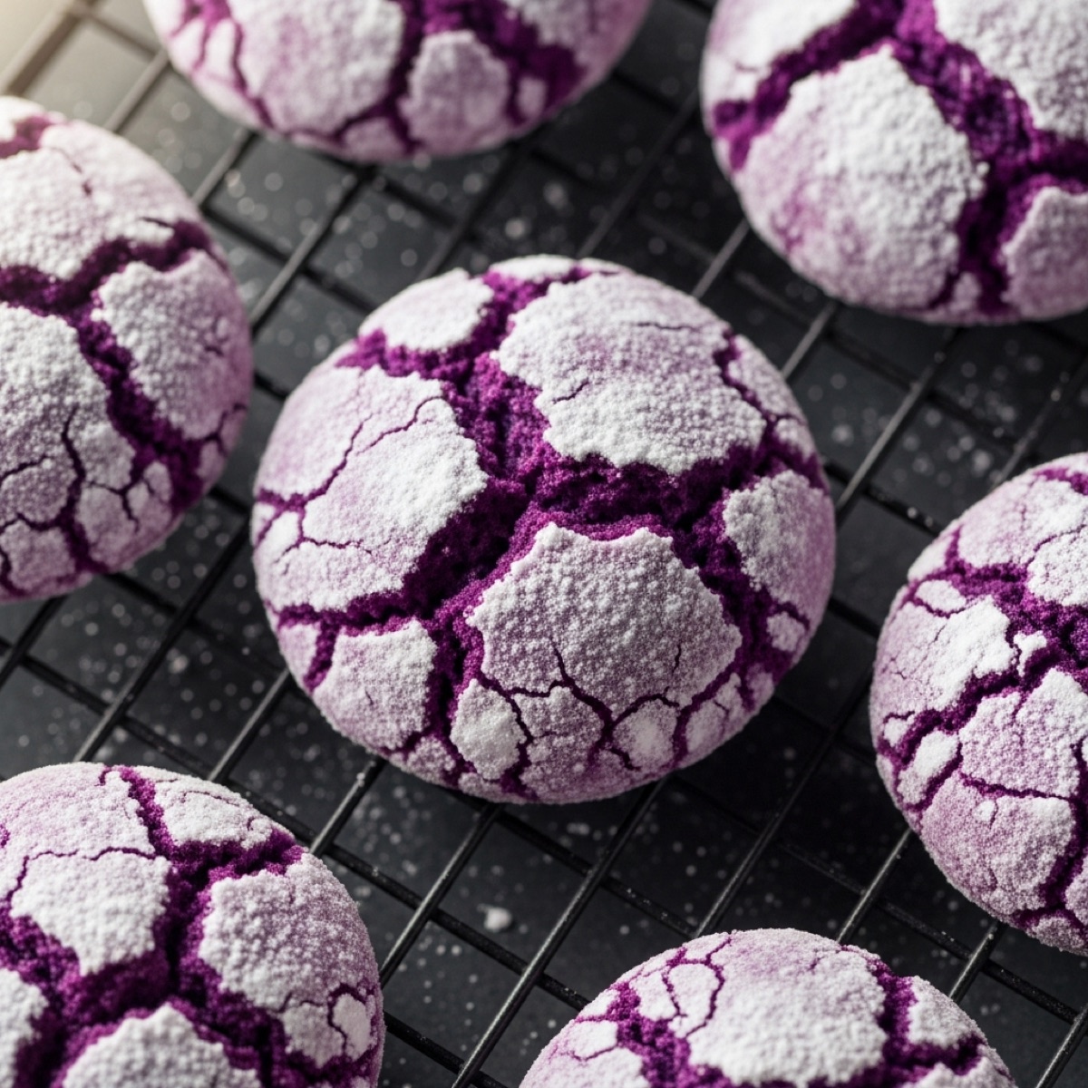 Ube crinkle cookies dusted in sugar