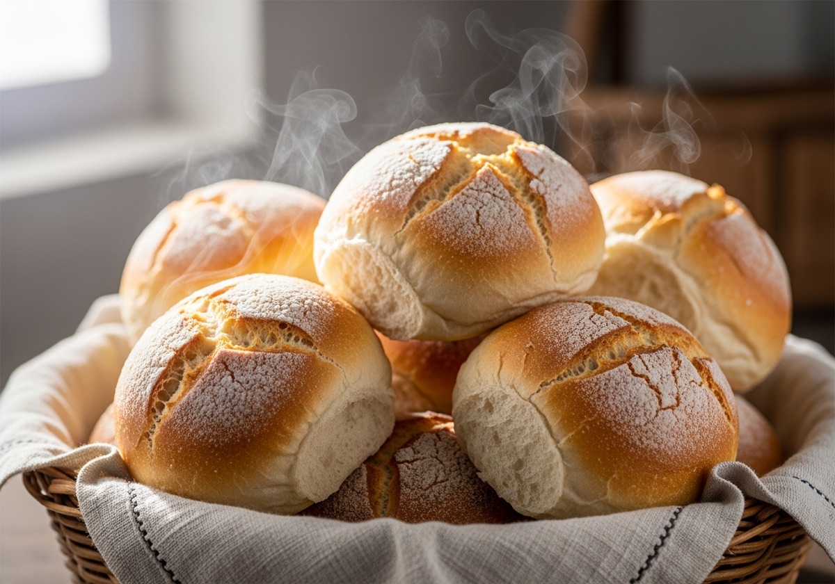 Freshly baked pandesal rolls dusted with breadcrumbs