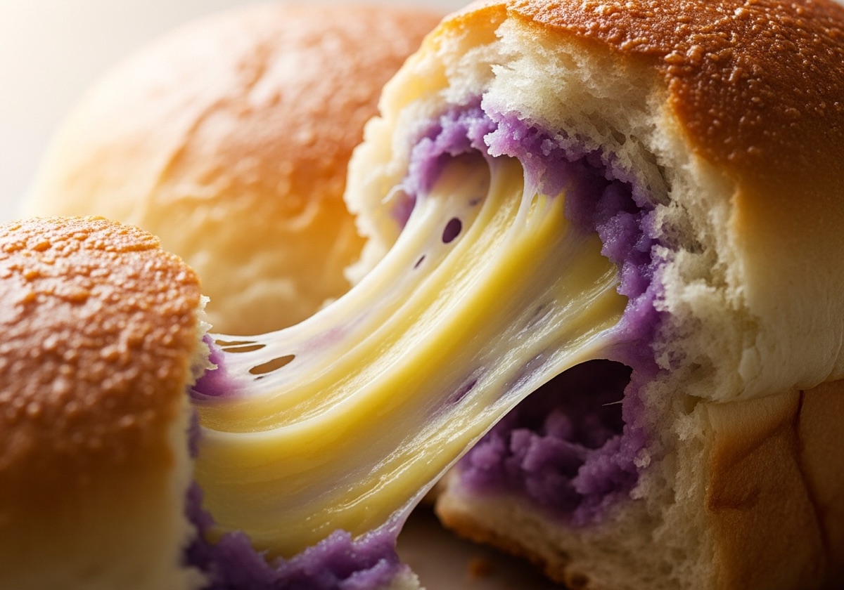 Purple ube cheese pandesal rolls arranged on a tray