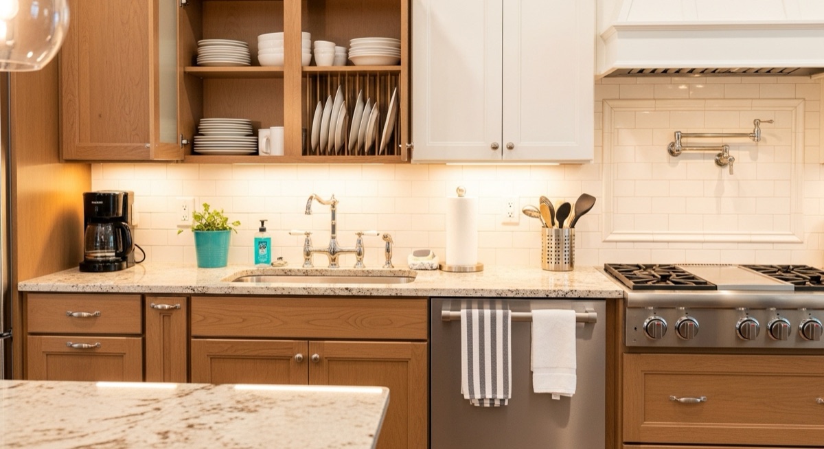 Kitchen after deep cleaning — sparkling clean surfaces and appliances