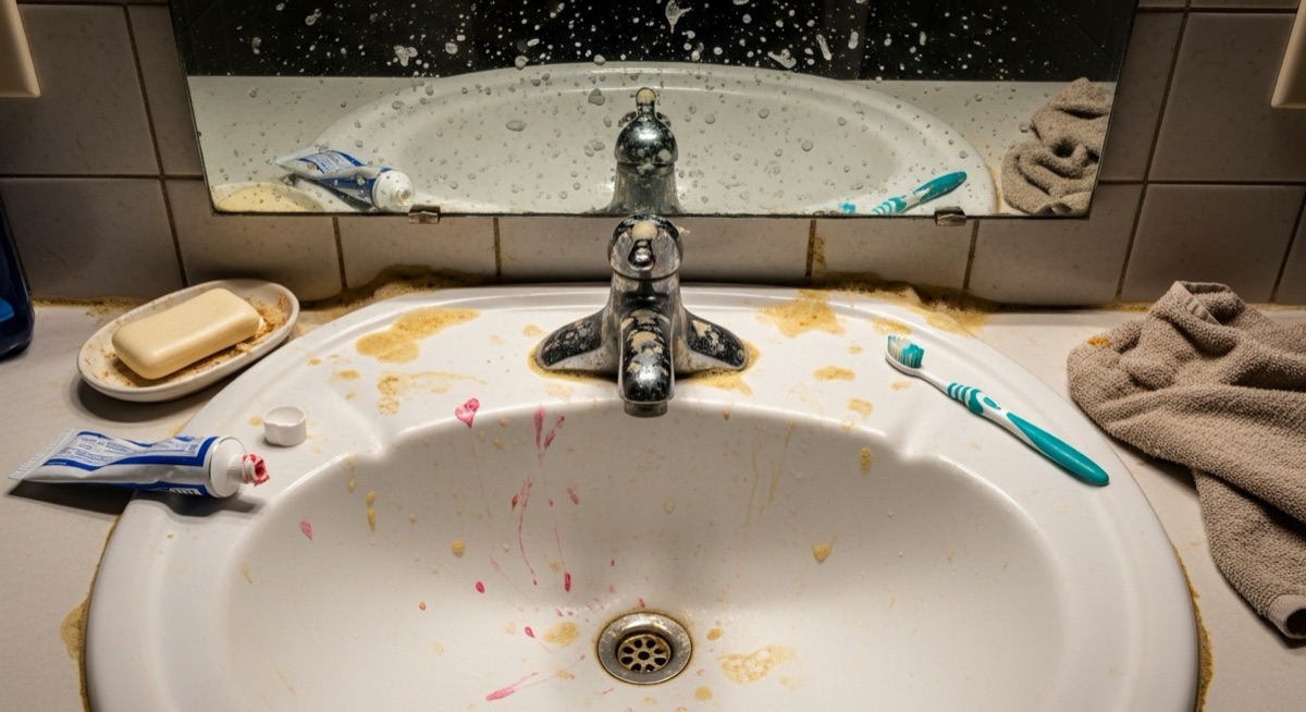Bathroom before cleaning — soap scum and hard water stains