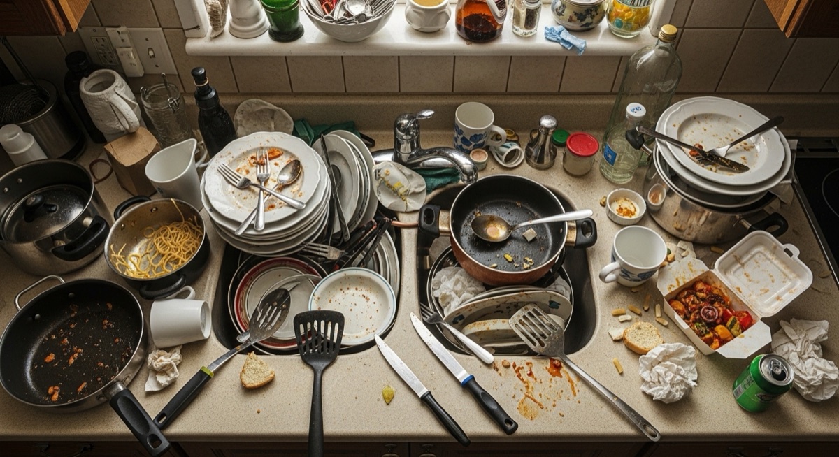 Kitchen before deep cleaning — grease and grime on surfaces