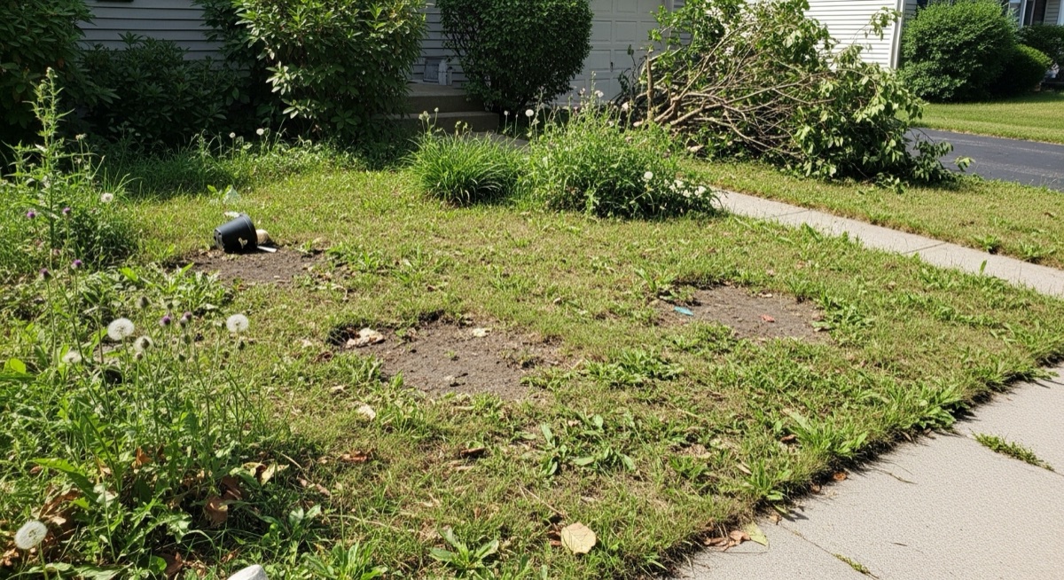 Front Yard Cleanup before: Overgrown front lawn, 6-inch grass, untidy edges