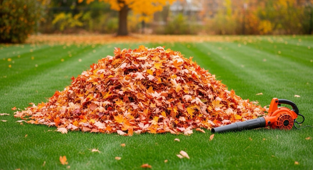 Yard cleared of fall leaves and debris showing clean lawn underneath