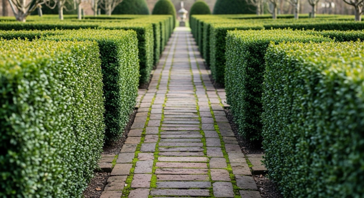 Neatly trimmed hedge row with uniform flat top and clean sides