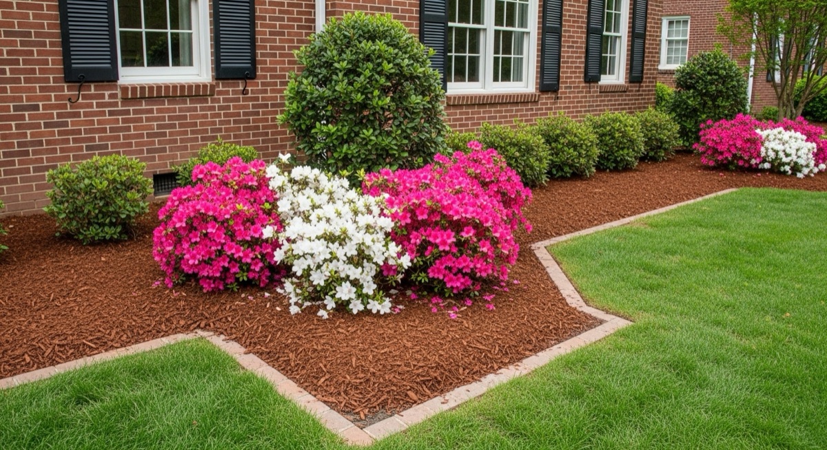 Fresh dark mulch laid evenly in garden bed around plants
