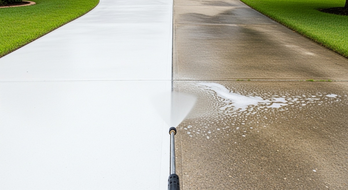 Pressure washing a concrete driveway showing the clean vs dirty contrast