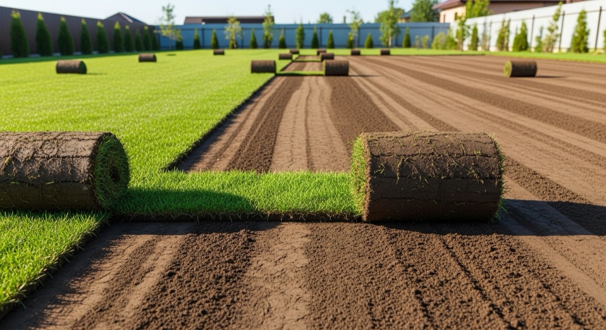 Fresh Sod before: Patchy lawn after a dry summer